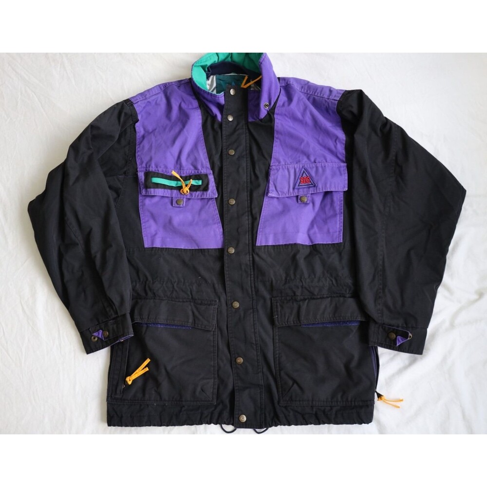 Vintage SOS Sportswear Ski Jacket Mens XL Black Purple Teal Thinsulate 90s Color